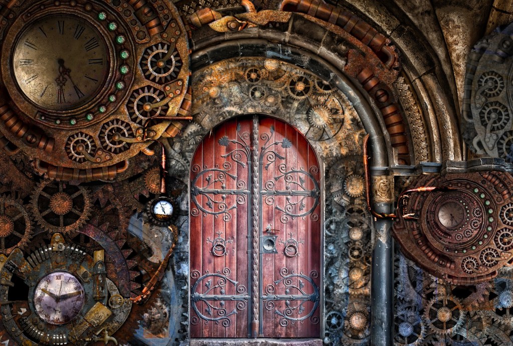 Large wooden door surrounded by clocks