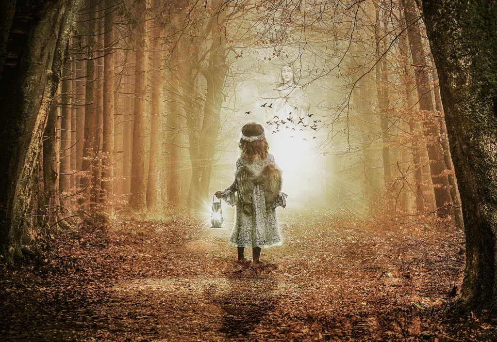 Girl with lantern sees angel in woods
